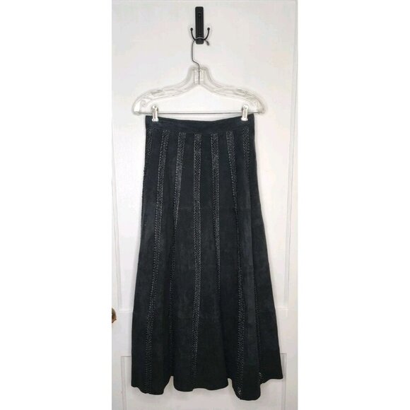 Mark Alan Sm Black Western Suede Leather Maxi Skirt Braided Crochet Goth Grunge - Picture 1 of 5